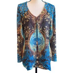 One World Blue & Brown Abstract Long Sleeve Blouse Women's Large